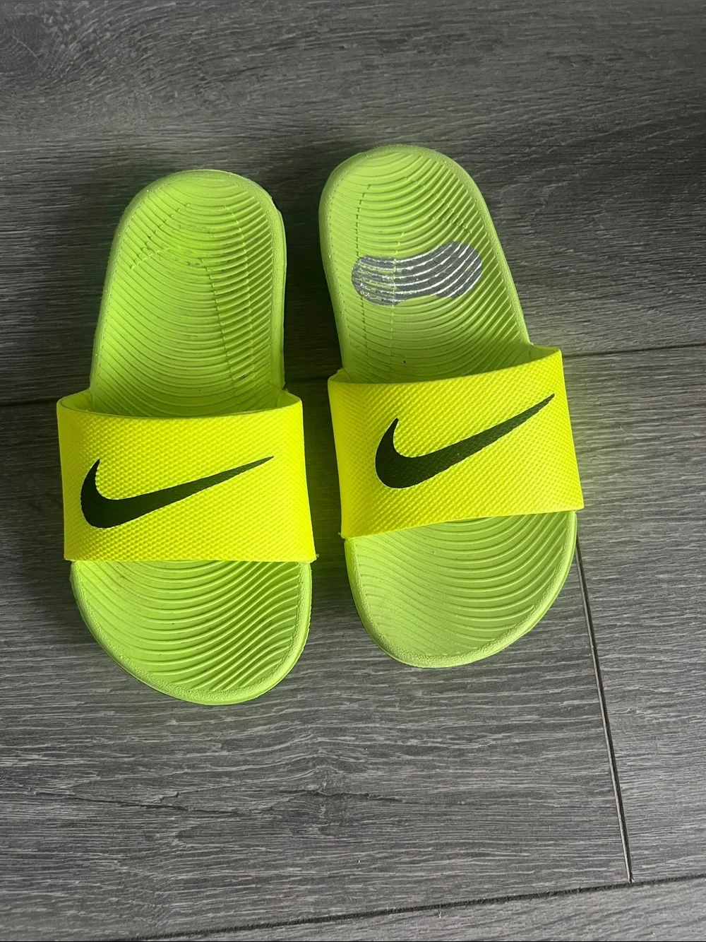 Nike Kids' Neon Green/Yellow Slide Sandals with Black Swoosh